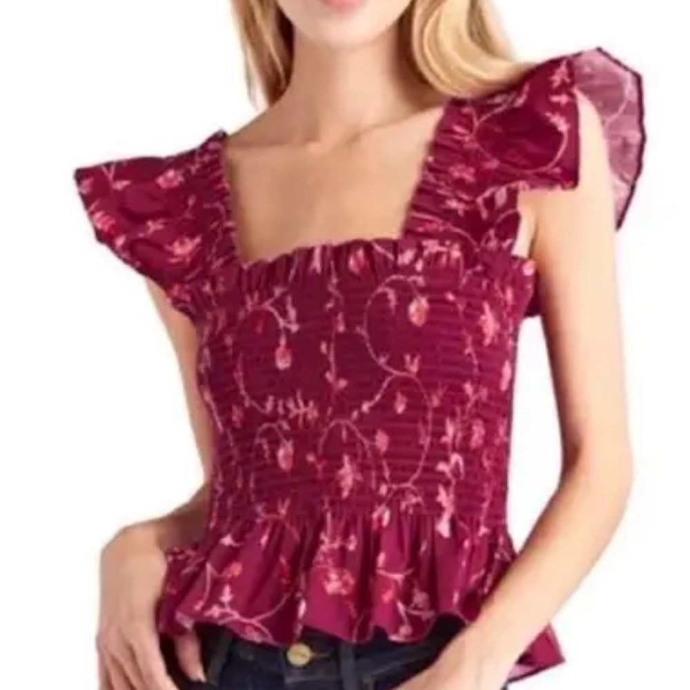Hill House The Paz Top Burgundy Botanical Poplin Size Large